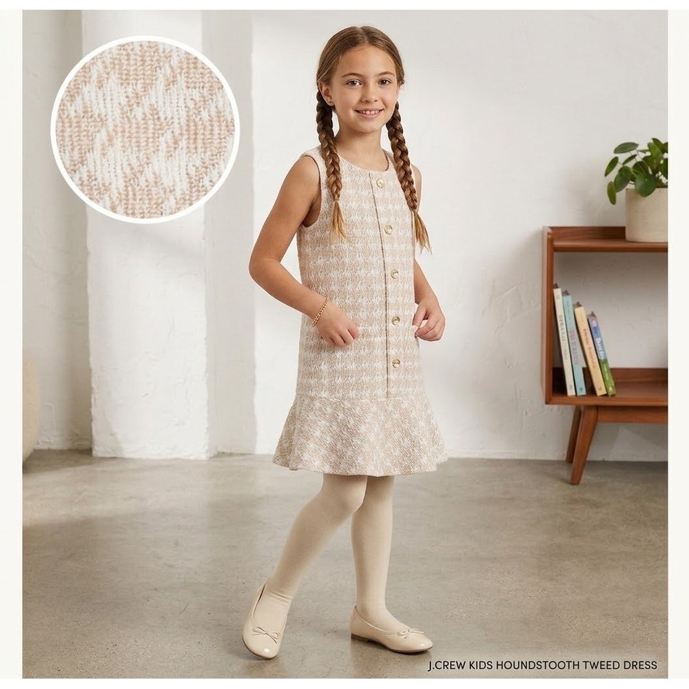 J.Crew Crewcuts Girls Tan Houndstooth Tweed Metallic Flounce Dress CL733 Size 14